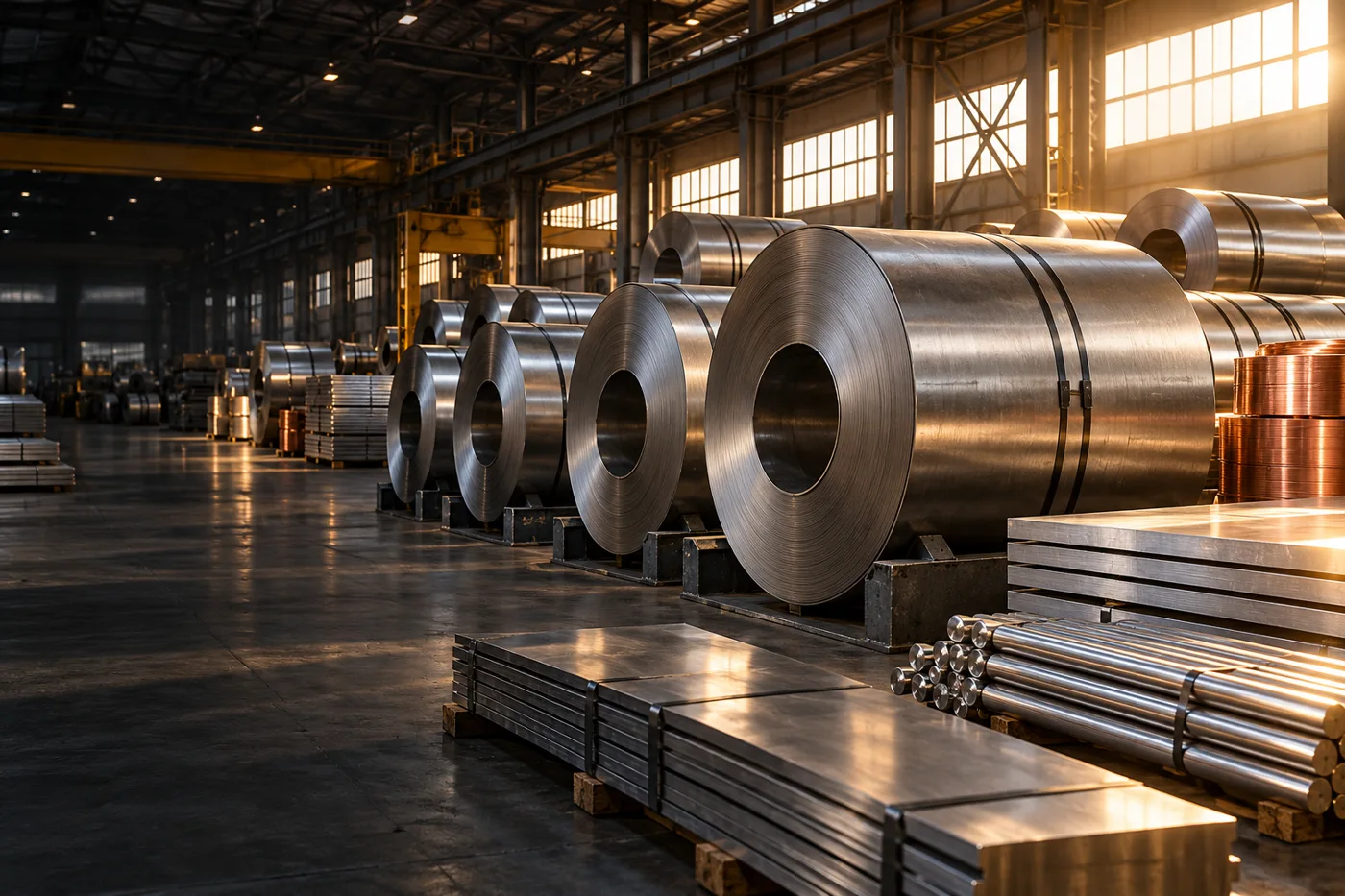 Steel coils and metal products in an industrial warehouse — illustrative imagery